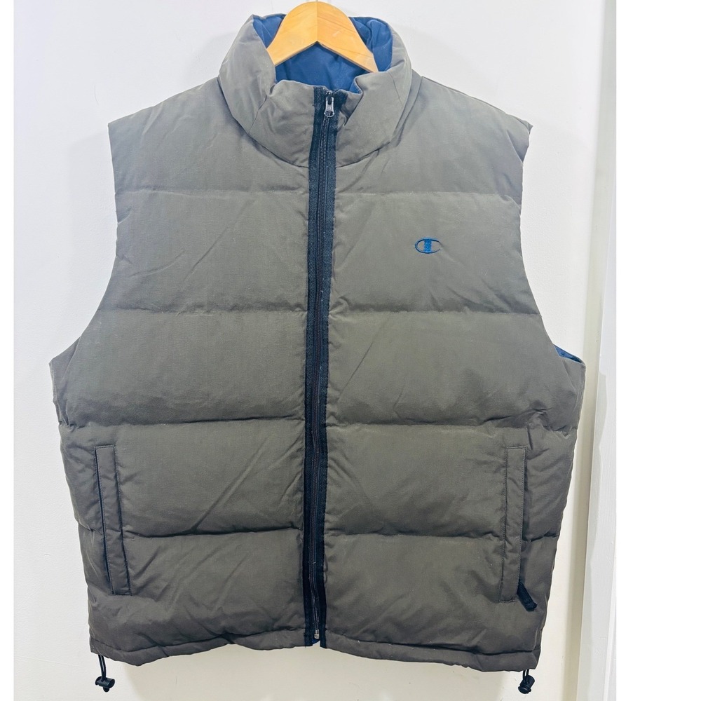 Vintage Champion Down Puffer Full Zip Olive Green Vest Side Pockets Men's  XXL